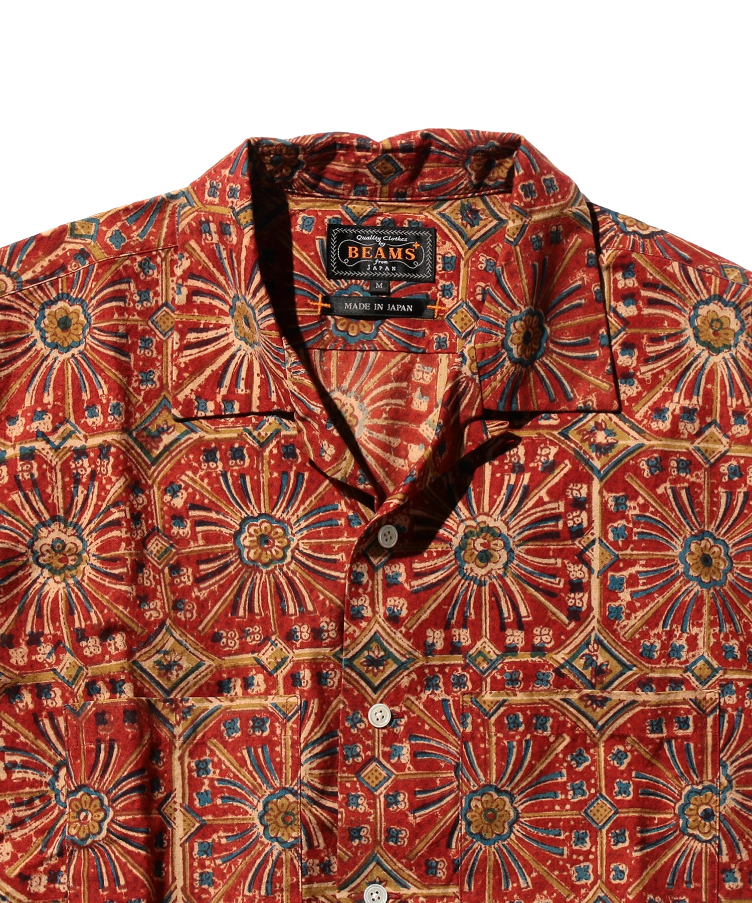 BEAMS PLUS / Open Collar Block Print Flower / 3801-0168-139