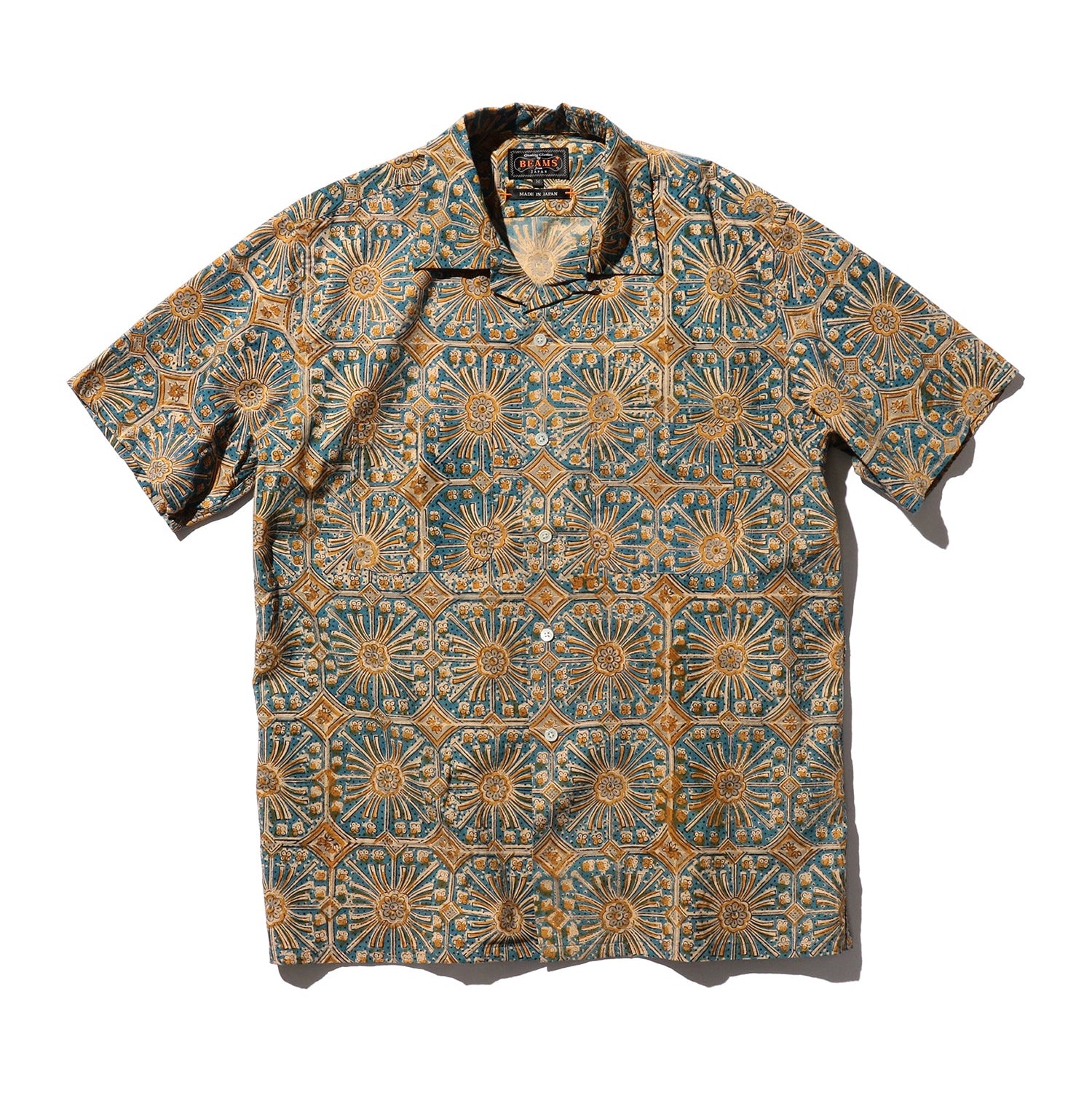 BEAMS PLUS / Open Collar Block Print Flower / 3801-0168-139