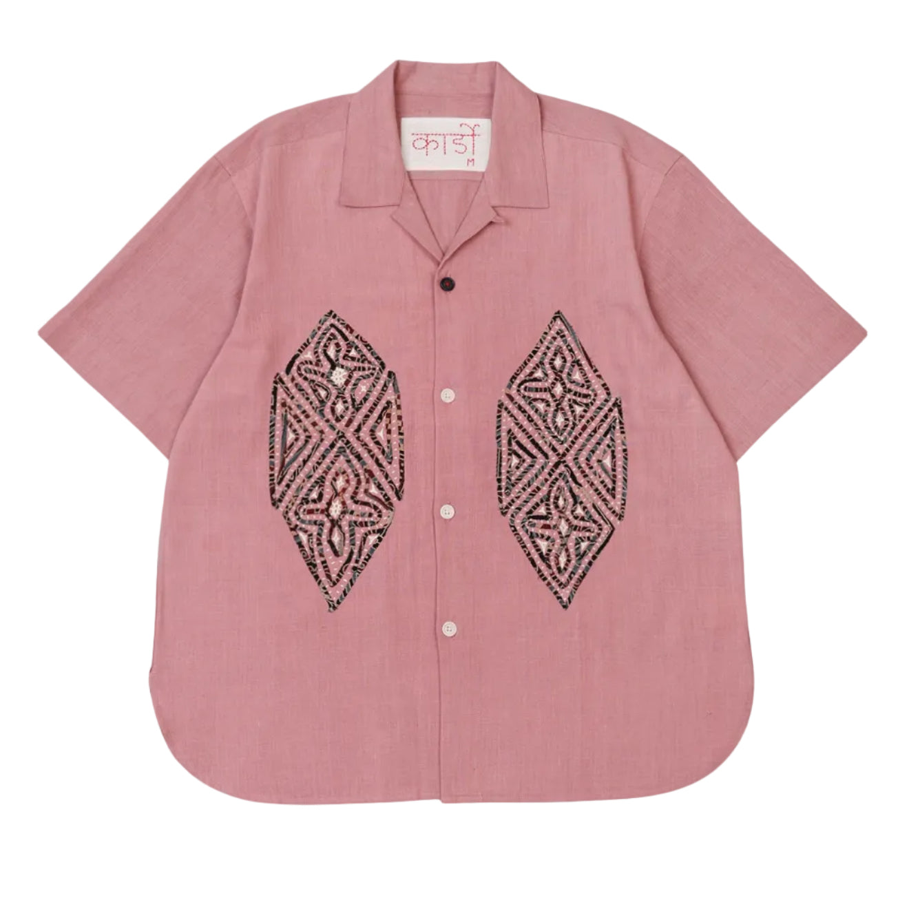 KARDO / RONEN / RELAXED FIT CAMP COLLAR SS SHIRT WITH HAND APPLIQUE / PINK