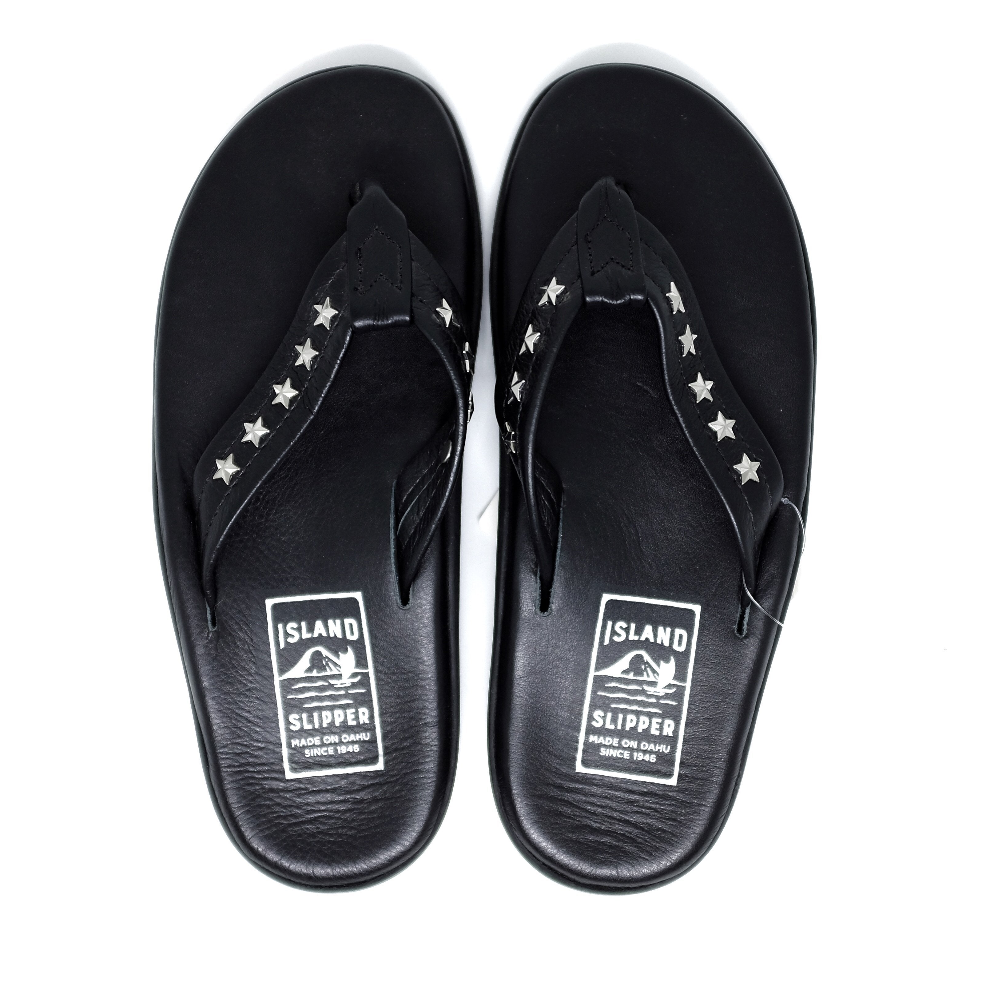 ISLAND SLIPPER / BLACK LEATHER THONG SANDALS WITH STAR STUDS